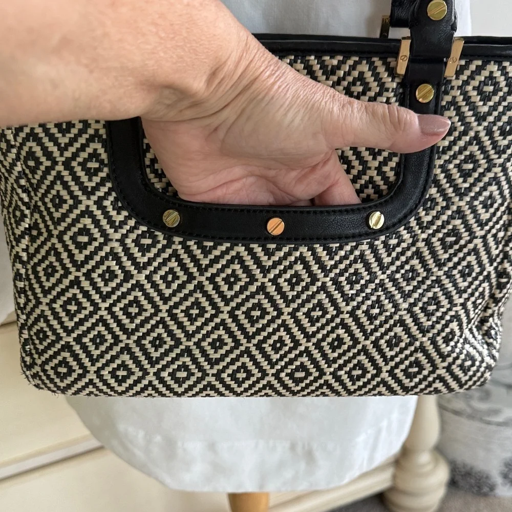 Tory Burch Amanda in Raffia Black and Cream Satchel